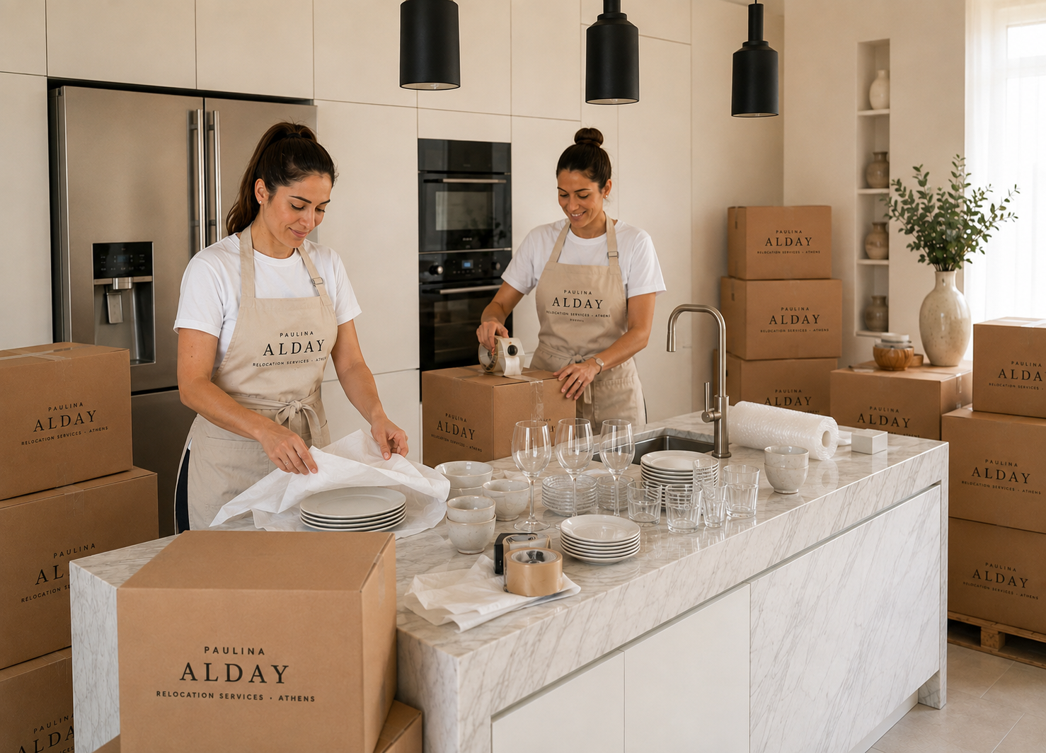 Two Paulina Alday team members in uniform wrapping glassware and plates into branded boxes in an Athens kitchen