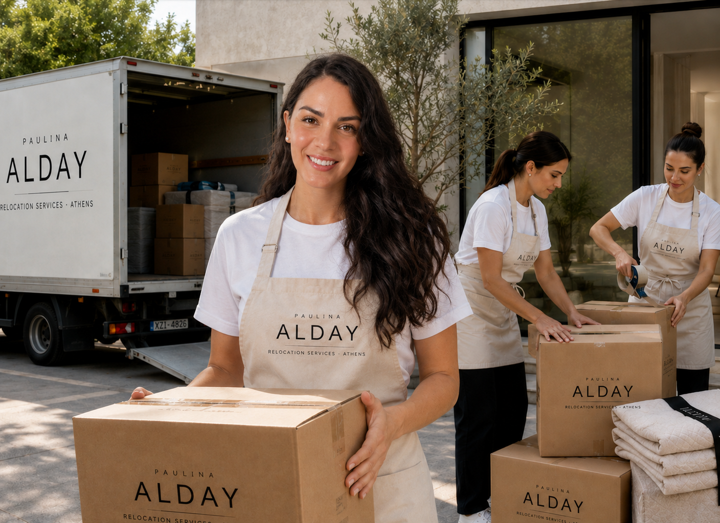 The Paulina Alday team loading branded boxes at an Athens residence beside the company truck