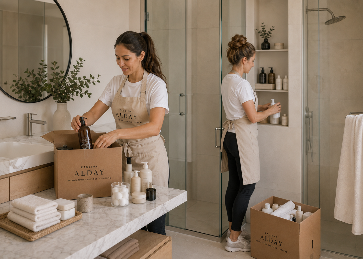 Paulina Alday team members in matching aprons unpacking and arranging toiletries in a client's bathroom