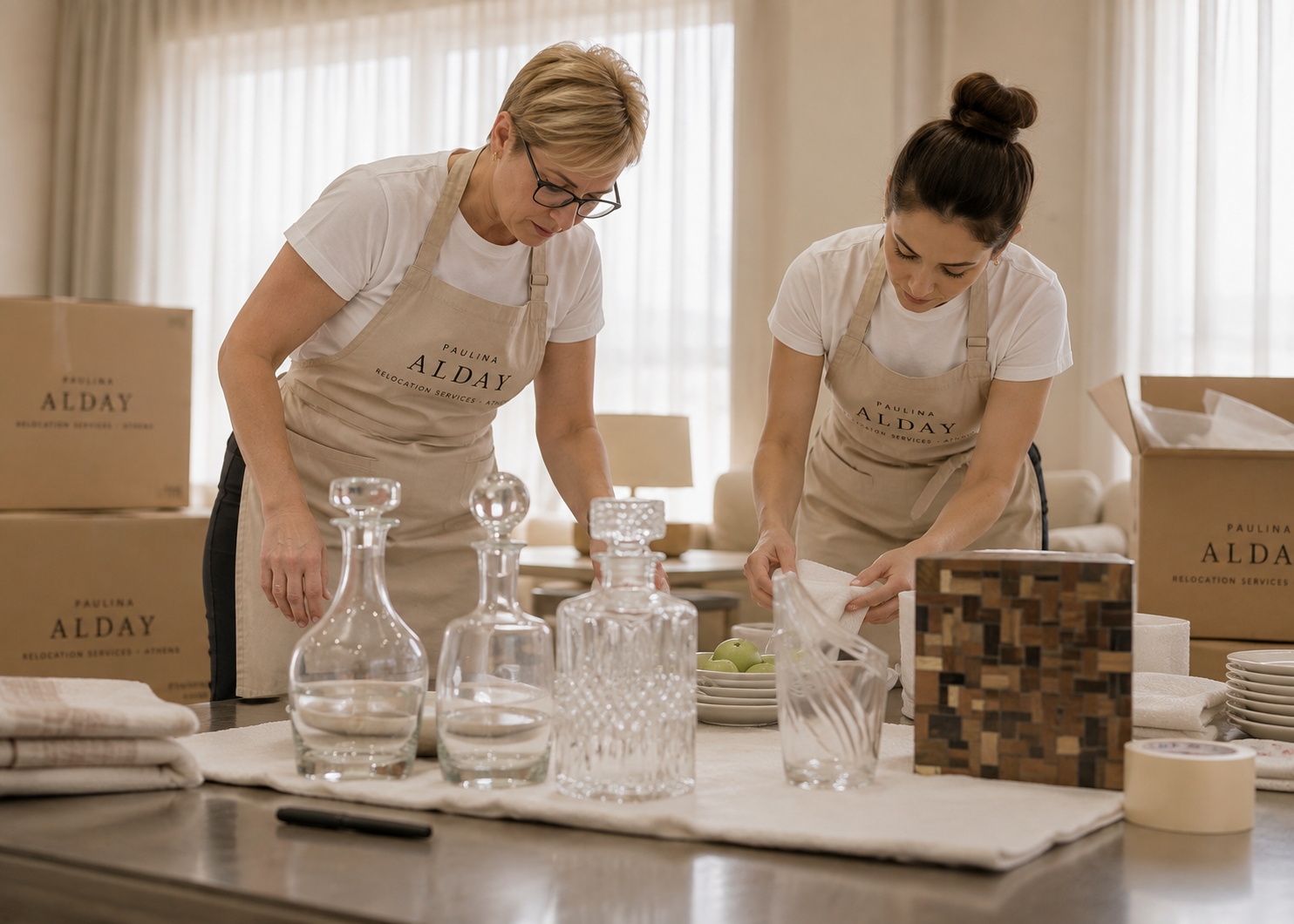 The Paulina Alday team wrapping crystal decanters and glassware at a residence